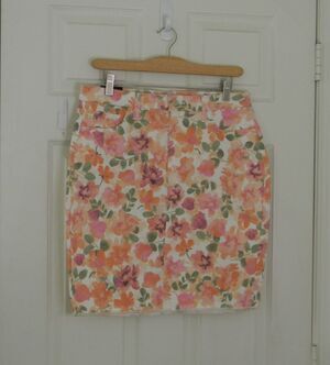 Jen 7 Pencil Skirt Floral Denim Stretch Green Orange Pink Sculpting NWT